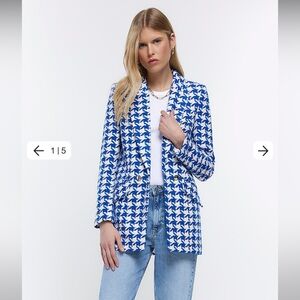 River Island Blue Dogtooth Boucle Blazer Size UK 12 (US 8)